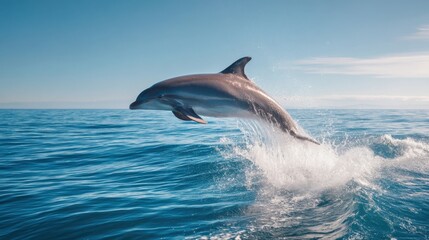 Fototapeta premium Joyful Dolphin Leaping Through Crystal Clear Ocean Waves in Vibrant Sunny Skies : Generative AI