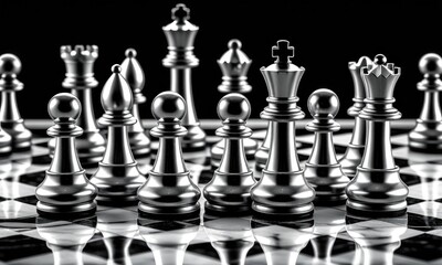 Elegant silver chess set on reflective board: strategy and sophistication