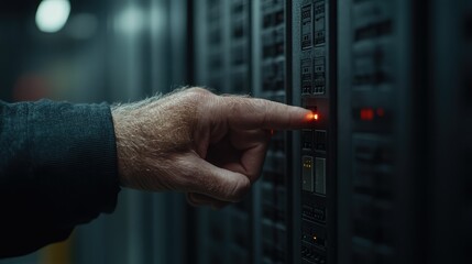 Close-up of a hand flipping a circuit breaker.  A person is operating electrical equipment