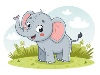 Fototapeta premium Cute cartoon elephant playing in grassland, perfect for a white canvas sticker design.
