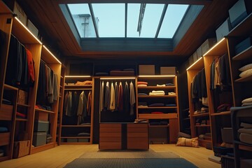 Luxurious walk-in closet with skylight, ample storage, and designer clothes