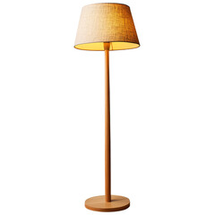 Modern cozy floor lamp with wooden base and fabric shade isolated on a clean transparent background, modern cozy house floor lamp isolated on transparent background