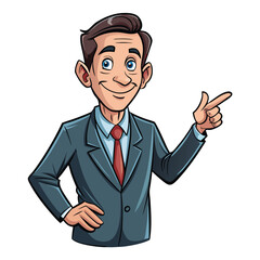 Business man pointing finger at something. Happy face. Hand drawn style vector design illustrations. 