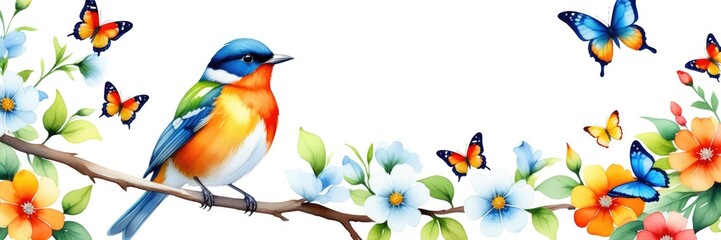Obraz premium Colorful bird and butterflies on floral branch with vibrant spring blooms
