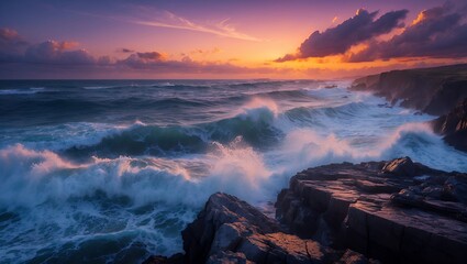 Fototapeta premium Ocean Waves Crashing on Rocky Coastline at Colorful Sunset View