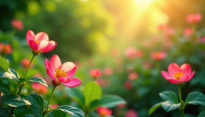 Obraz premium Vibrant blooming flowers, lush green leaves, soft sunlight , spring art, art, beautiful