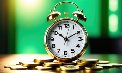 Golden alarm clock on coins depicting time and financial investment concepts