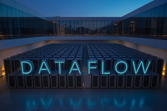 Data flow illuminated sign atop server room at night