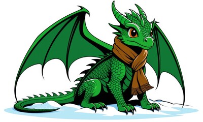 Obraz premium Adorable green dragon with scarf on snowy ground