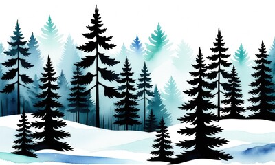 Fototapeta premium Winter forest silhouette: pine trees and soft watercolor background
