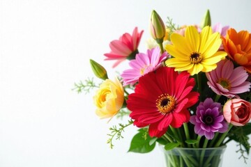 Vibrant bouquet, diverse blooms, white backdrop, spring, drawing, photography