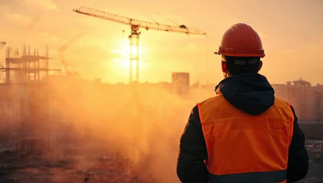 Construction Worker at Sunset: A construction worker, silhouetted against a vibrant sunset, surveys a bustling construction site, showcasing dedication and the scale of modern urban development.