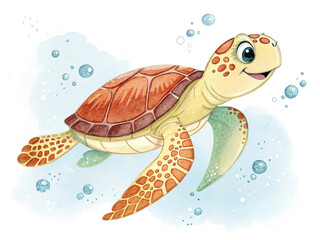 Cartoon sea turtle painted in watercolor, floating peacefully.