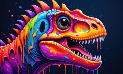 Vibrant colorful dinosaur art with neon splashes and dripping paints