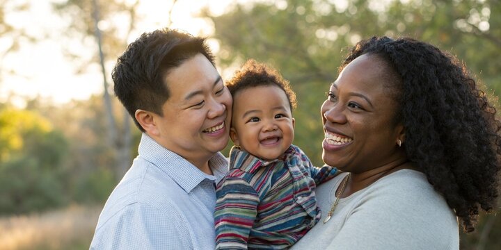 Happy black woman and asian man couple carrying baby in soft outdoor setting - Powered by Adobe