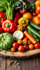 wooden plate filled with lots of different types of vegetables