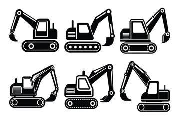 Simple Excavator Logo Flat Black Vector icon silhouette set design white background