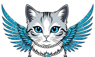 Obraz premium Whimsical winged cat with blue eyes and jewelry on a white background