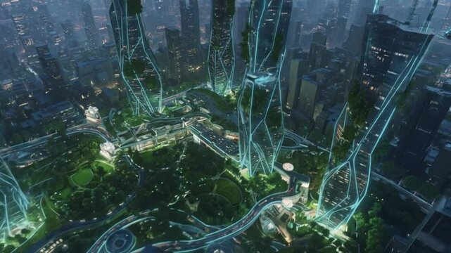 Sci-fi city with flying car and skyscrapers