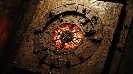 Fototapeta premium Steampunk Portal: Illuminated Metallic Doorway with Industrial Design