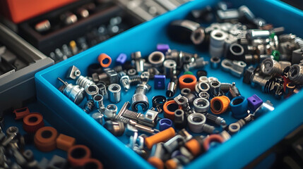 Technicians sorting different types of electrical connectors, neatly organizing them for efficient workflow