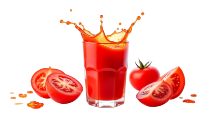 Fresh red tomato juice splashes in a glass, a healthy and juicy vegetable drink