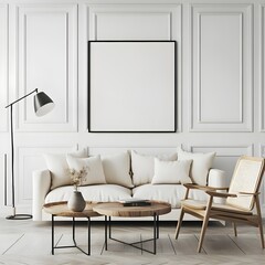 Modern Minimalist Living Room Interior with White Sofa and Mockup Frame