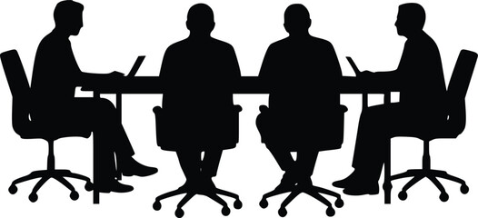 Silhouette illustration of four professionals seated around a table, each using a laptop, representing teamwork, discussion, and collaborative work in an office setting