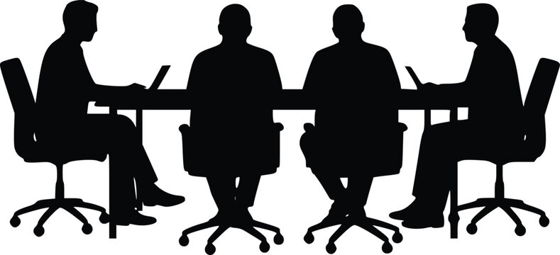 Silhouette illustration of four professionals seated around a table, each using a laptop, representing teamwork, discussion, and collaborative work in an office setting
