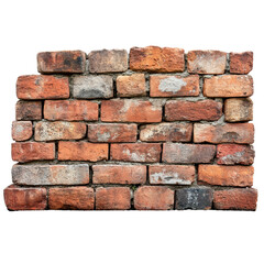 Fototapeta premium Rustic brick wall fragment with aged texture and transparent background