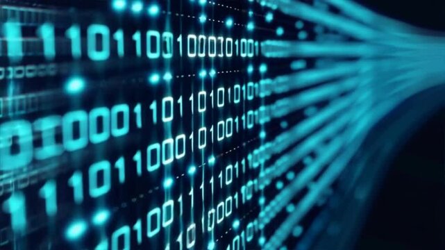 An abstract representation of binary code flowing in a digital space, showcasing technology and data processing.