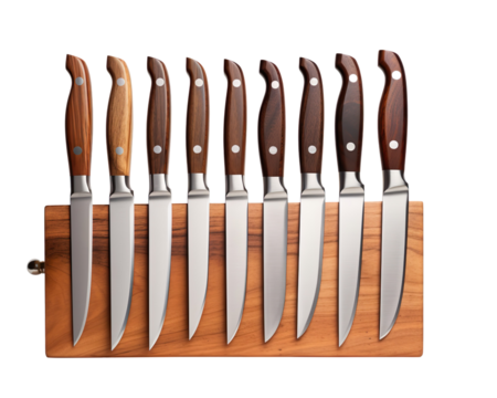 Chef Knives Set on Wooden Rack on a transparent background