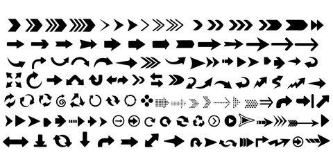 Minimalist Arrow Vector Silhouettes ,Black Directional Icons with Diverse Thicknesses and Styles, Ideal for Infographics, Web Design, Signage, and UI Elements in Modern Graphics.