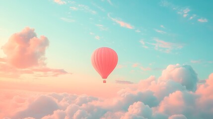Fototapeta premium A hot air balloon drifting beneath a cotton candy sky, peach and sky blue gradients blending in the background, gentle motion above the landscape. Created using: aerial photography simulation,