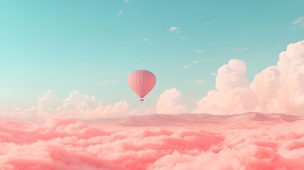 Obraz premium A hot air balloon drifting beneath a cotton candy sky, peach and sky blue gradients blending in the background, gentle motion above the landscape. Created using: aerial photography simulation,