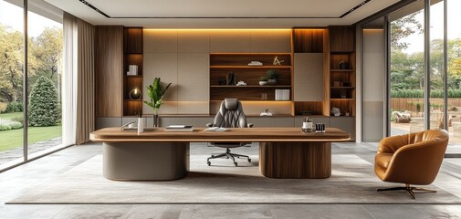 Modern home office with large desk, garden view