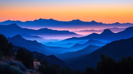 Fototapeta premium A mountain range silhouetted against a dreamy cotton candy sky, sky blue and peach layers stretching above, soft mist around the peaks. Created using: atmospheric landscape photography,