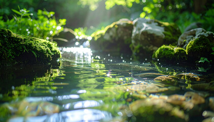明るい朝日をあびた清流