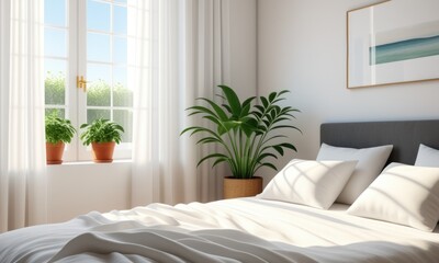 Serene bedroom with sunlight and indoor plants in minimalist style