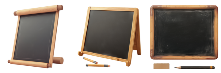 Chalkboard displays creative educational tools for indoor classrooms on transparent background
