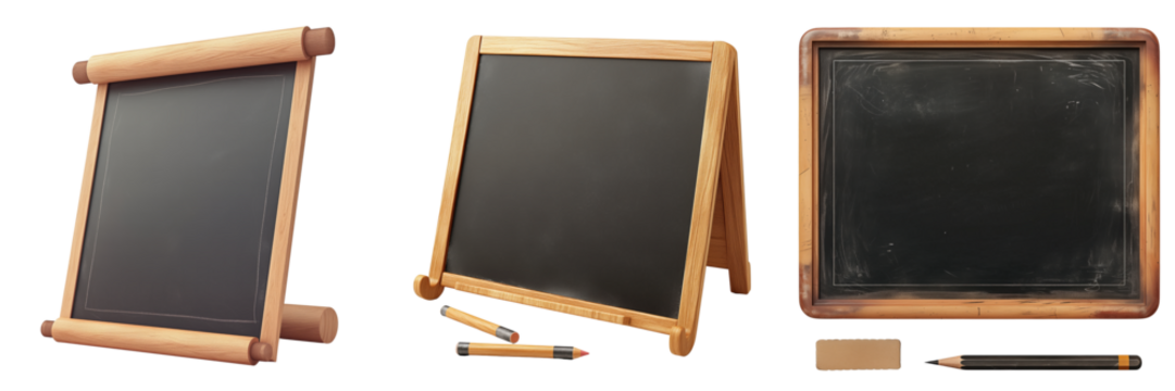 Chalkboard displays creative educational tools for indoor classrooms on transparent background
