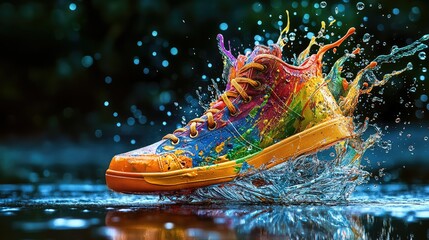 Colorful sneaker splashing in water. Vibrant paint splatter, dynamic action shot, high-energy footwear