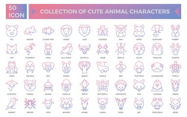 A set of red gradient cartoon animal illustrations. Featuring a stingray, panda, parrot, and spider. Perfect for educational materials, children's designs, and various creative projects.