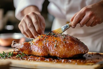 A chef basting a perfectly roasted duck on a wooden board, preparing gourmet dish.