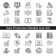 Data Protection Editable Icon Set | Cybersecurity, Privacy, Shield, Secure Data Line Icons .