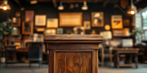 a rustic, cozy bookstore interior with a warm, inviting ambiance. The foreground features a polished wooden podium, rich in grain texture, with a dark wooden desk in the background.