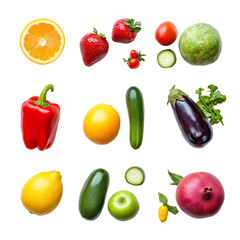 A vibrant arrangement of fresh fruits and vegetables displayed on a clean transparent background for a healthy lifestyle, fruit vegetable on transparent background
