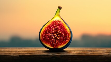 Ripe Fruit Halved On Rustic Wooden Surface At Sunset