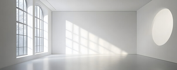 Fototapeta premium Empty white gallery room with large window and recessed lighting