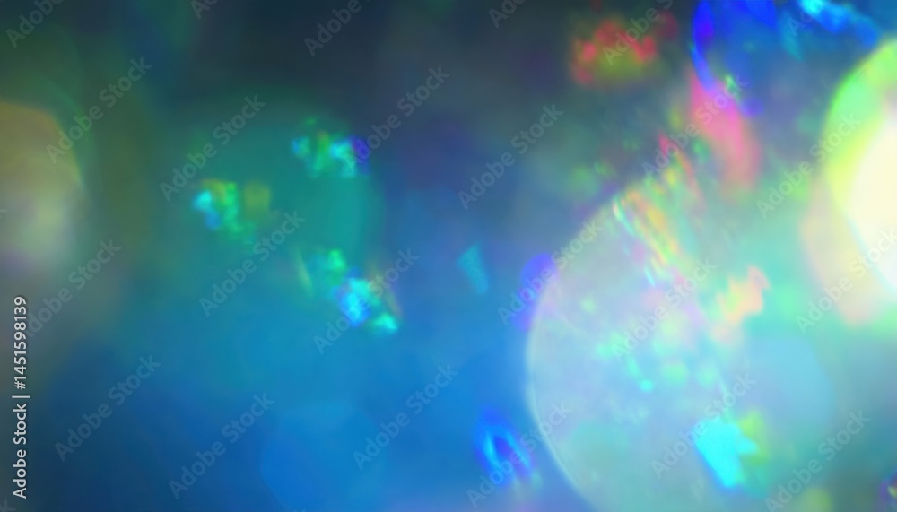 Poster ethereal blue and green bokeh light texture with prismatic highlights for new year background, web d